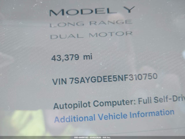 Продаж на аукціоні авто 2022 Tesla Model Y Long Range Dual Motor All-wheel Drive, vin: 7SAYGDEE5NF310750, номер лоту: 44490163