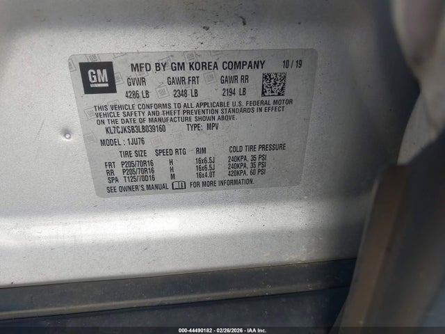 KL7CJKSB3LB039160 Chevrolet Trax Fwd Ls