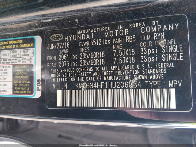 KM8SN4HF1HU206034 Hyundai Santa Fe Limited