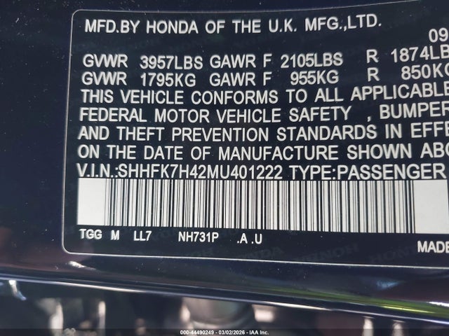 SHHFK7H42MU401222 Honda Civic Sport