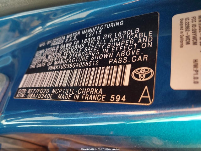 Aukcja sprzedaży 2016 Toyota Yaris L, vin: VNKKTUD38GA058512, numer aukcji: 44490282