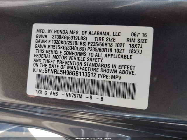 5FNRL5H96GB113512 Honda Odyssey Touring/touring Elite