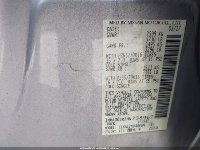 1N6AD0ER3HN738967 Nissan Frontier Sv