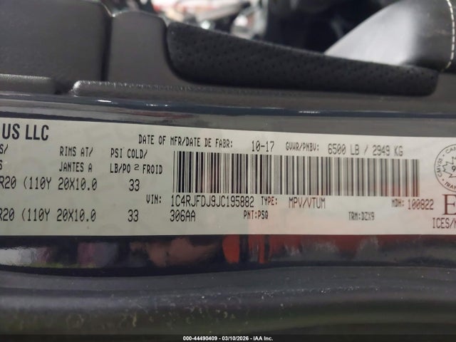 1C4RJFDJ9JC195882 Jeep Grand Cherokee Srt