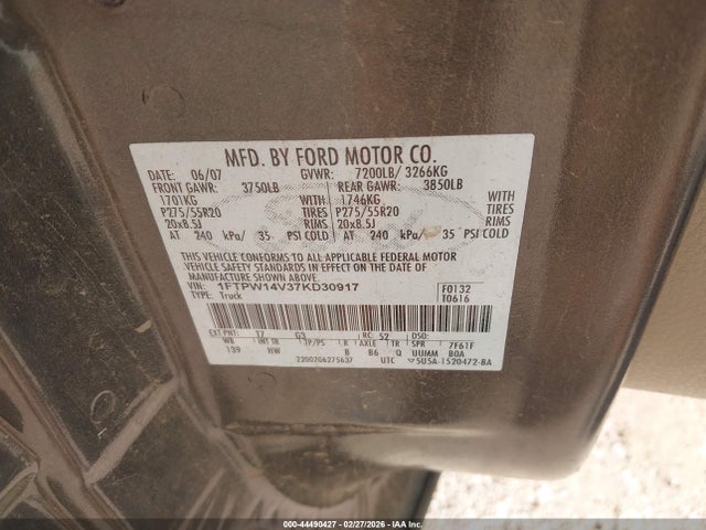 Aukcja sprzedaży 2007 Ford F-150, vin: 1FTPW14V37KD30917, numer aukcji: 44490427
