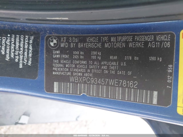 Aukcja sprzedaży 2007 Bmw X3 3.0si, vin: WBXPC93457WE78162, numer aukcji: 44490465
