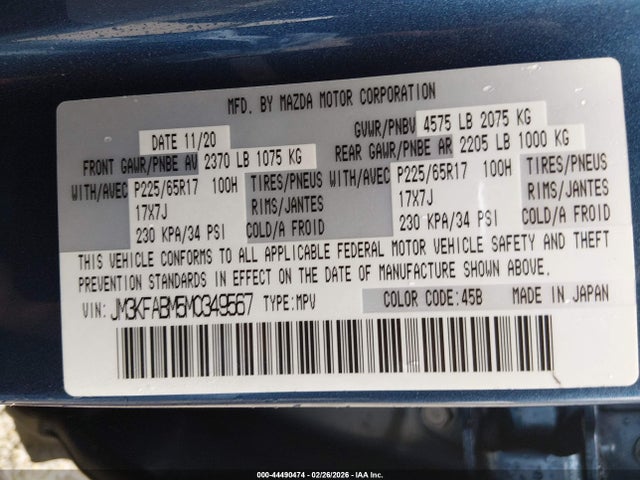 Aukcja sprzedaży 2021 Mazda Cx-5 Sport, vin: JM3KFABM5M0349567, numer aukcji: 44490474