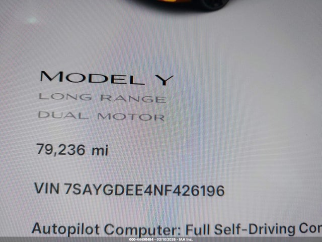 2022 Tesla Model Y Long Range Dual Motor All-wheel Drive მანქანა იყიდება აუქციონზე, vin: 7SAYGDEE4NF426196, აუქციონის ნომერი: 44490484