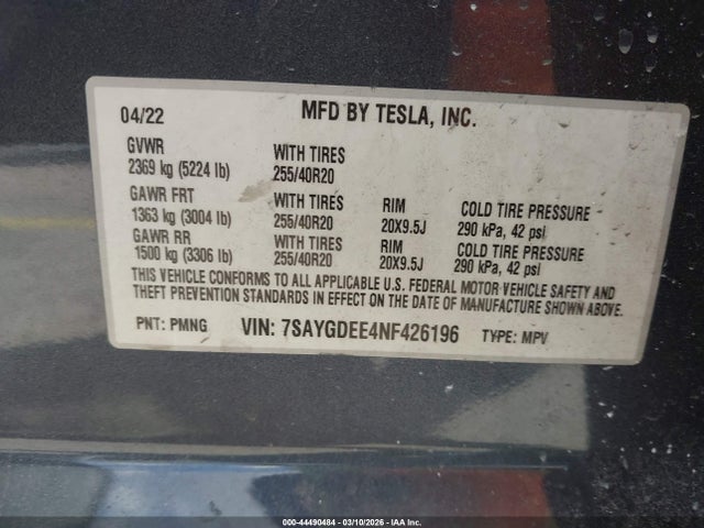 2022 Tesla Model Y Long Range Dual Motor All-wheel Drive მანქანა იყიდება აუქციონზე, vin: 7SAYGDEE4NF426196, აუქციონის ნომერი: 44490484