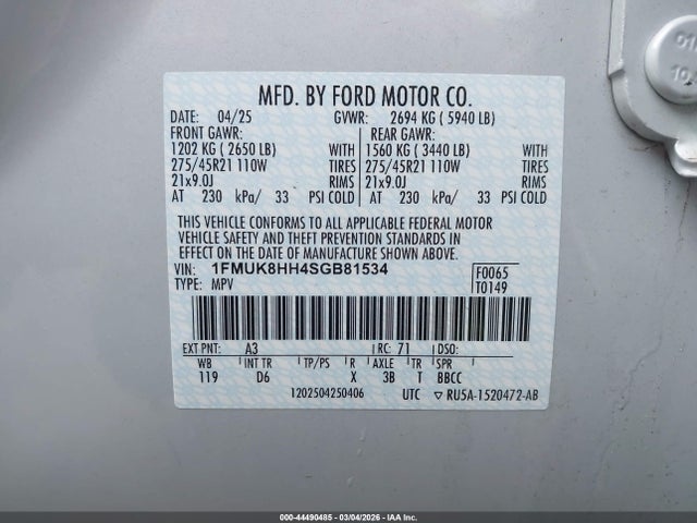 1FMUK8HH4SGB81534 Ford Explorer Platinum