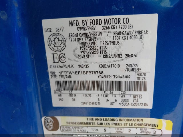 Продаж на аукціоні авто 2011 Ford F-150 Fx4, vin: 1FTFW1EF1BFB78768, номер лоту: 44490487