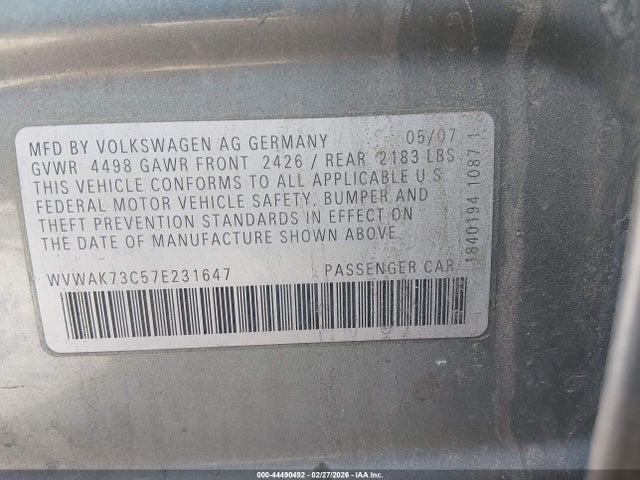 Продажа на аукционе авто 2007 Volkswagen Passat 2.0t/wolfsburg Edition, vin: WVWAK73C57E231647, номер лота: 44490492