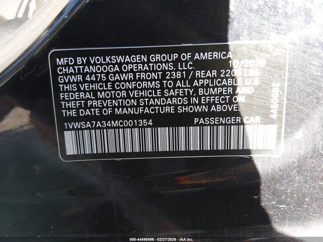 44490496 :رقم المزاد ، 1VWSA7A34MC001354 vin ، 2021 Volkswagen Passat 2.0t Se مزاد بيع