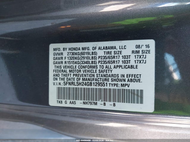 5FNRL5H24GB129551 Honda ODYSSEY LX