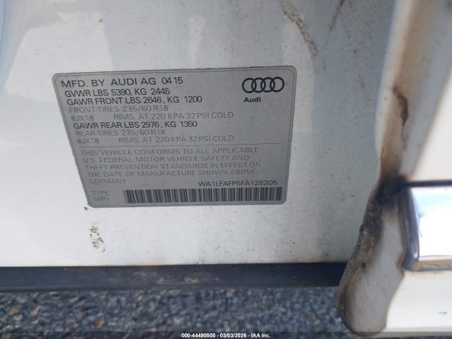 44490500 :رقم المزاد ، WA1LFAFP5FA128205 vin ، 2015 Audi Q5 2.0t Premium مزاد بيع