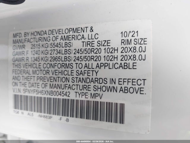 Aukcja sprzedaży 2022 Honda Pilot 2wd Touring 7 Passenger, vin: 5FNYF5H6XNB004542, numer aukcji: 44490504