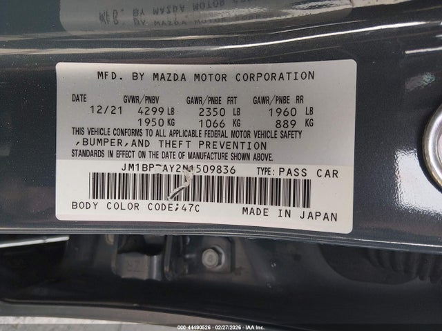 Aukcja sprzedaży 2022 Mazda Mazda3 2.5 Turbo, vin: JM1BPBAY2N1509836, numer aukcji: 44490526