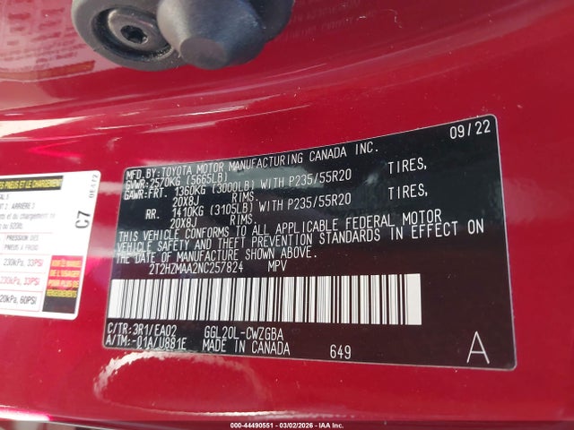 44490551 :رقم المزاد ، 2T2HZMAA2NC257824 vin ، 2022 Lexus Rx 350 مزاد بيع