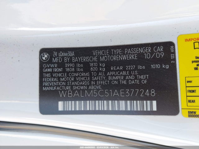Продаж на аукціоні авто 2010 Bmw Z4 Sdrive30i, vin: WBALM5C51AE377248, номер лоту: 44490585