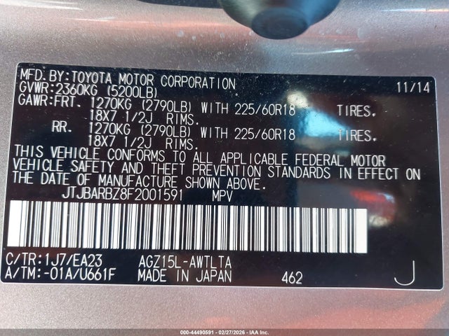 44490591 :رقم المزاد ، JTJBARBZ8F2001591 vin ، 2015 Lexus Nx 200t مزاد بيع