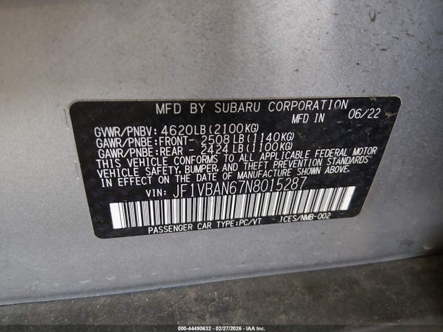 JF1VBAN67N8015287 Subaru Wrx Limited