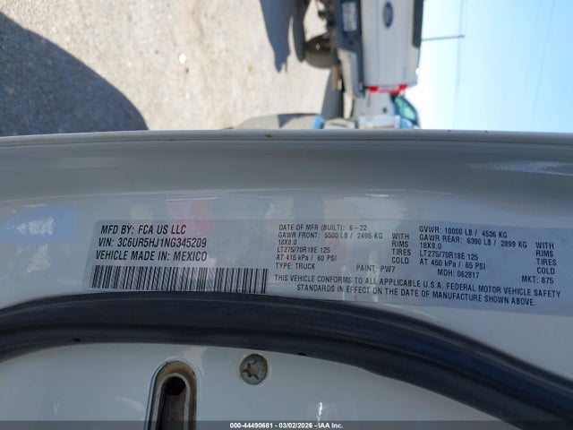 Продаж на аукціоні авто 2022 Ram 2500, vin: 3C6UR5HJ1NG345209, номер лоту: 44490681