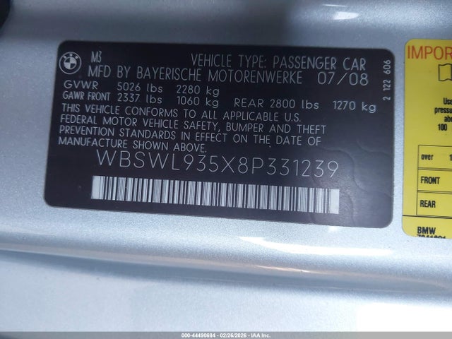 Продаж на аукціоні авто 2008 Bmw M3, vin: WBSWL935X8P331239, номер лоту: 44490684