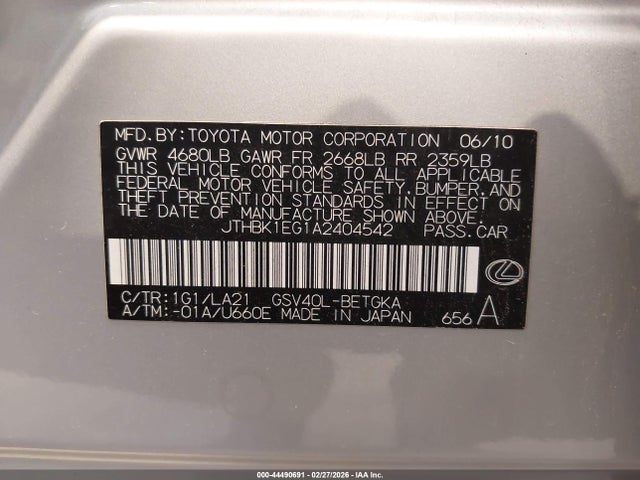 44490691 :رقم المزاد ، JTHBK1EG1A2404542 vin ، 2010 Lexus Es 350 مزاد بيع