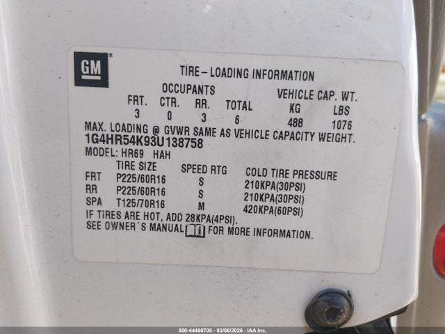 44490708 :رقم المزاد ، 1G4HR54K93U138758 vin ، 2003 Buick Lesabre Limited مزاد بيع