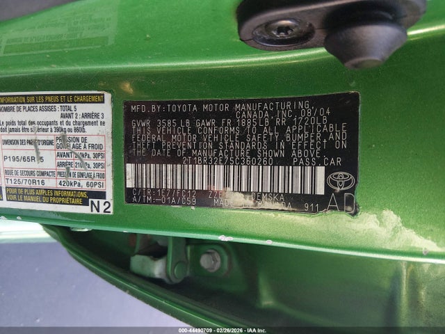44490709 :رقم المزاد ، 2T1BR32E75C360260 vin ، 2005 Toyota Corolla S مزاد بيع