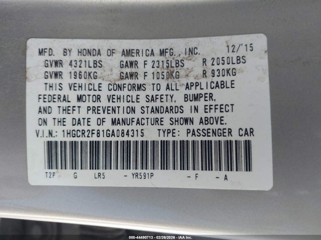 1HGCR2F81GA084315 Honda Accord Ex-l