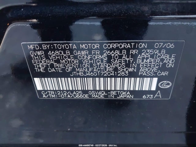 Продажа на аукционе авто 2007 Lexus Es 350, vin: JTHBJ46G172041283, номер лота: 44490749