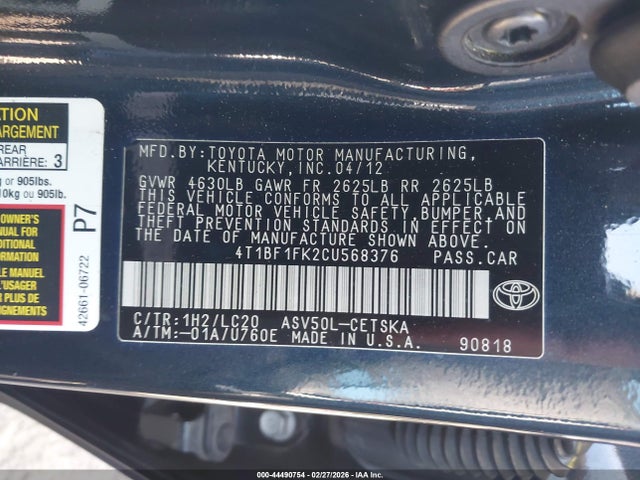 2012 TOYOTA CAMRY 4T1BF1FK2CU568376 Photo 8