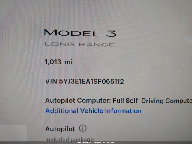 Aukcja sprzedaży 2025 Tesla Model 3 Long Range Rear-wheel Drive/standard Rear-wheel Drive, vin: 5YJ3E1EA1SF065112, numer aukcji: 44490774