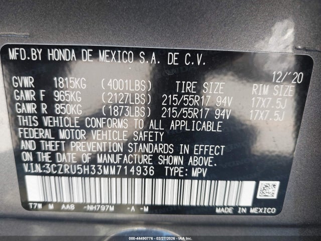 3CZRU5H33MM714936 Honda Hr-v 2wd Lx
