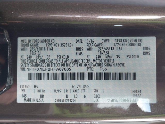 Ford F-150 Lariat 2017 1FTFX1EF2HFA67085 Image 9