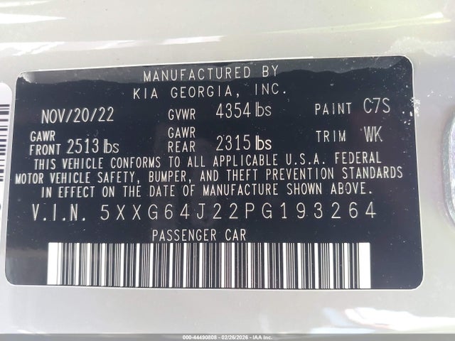 Aukcja sprzedaży 2023 Kia K5 Gt-line, vin: 5XXG64J22PG193264, numer aukcji: 44490808