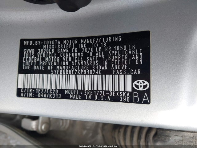 2019 Toyota Corolla Se მანქანა იყიდება აუქციონზე, vin: 5YFBURHE7KP910240, აუქციონის ნომერი: 44490817