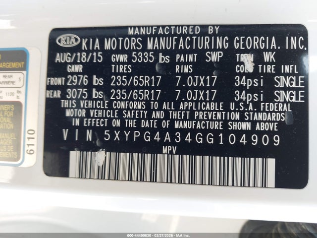 5XYPG4A34GG104909 KIA Sorento 2.4l Lx