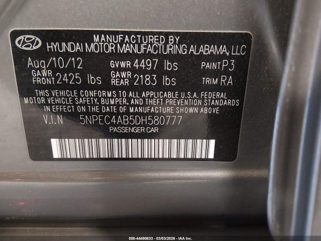 Продаж на аукціоні авто 2013 Hyundai Sonata Se 2.0t, vin: 5NPEC4AB5DH580777, номер лоту: 44490833