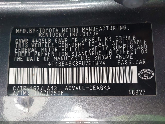 2008 TOYOTA CAMRY 4T1BE46K88U261824 Photo 8