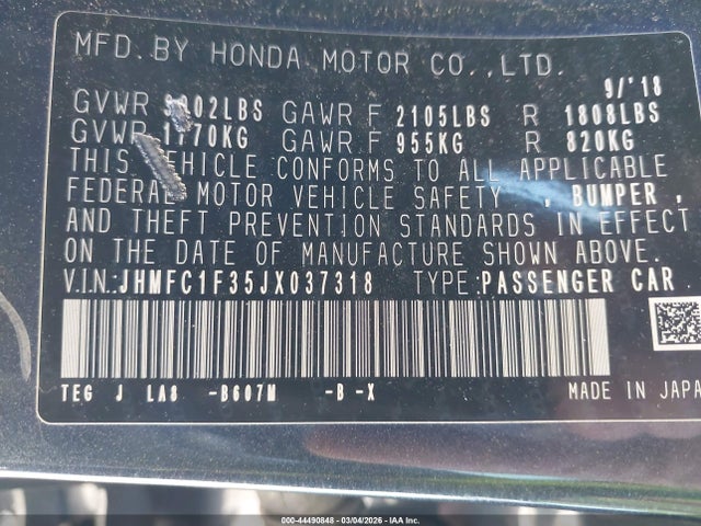 Honda Civic Ex-t 2018 JHMFC1F35JX037318 Image 9