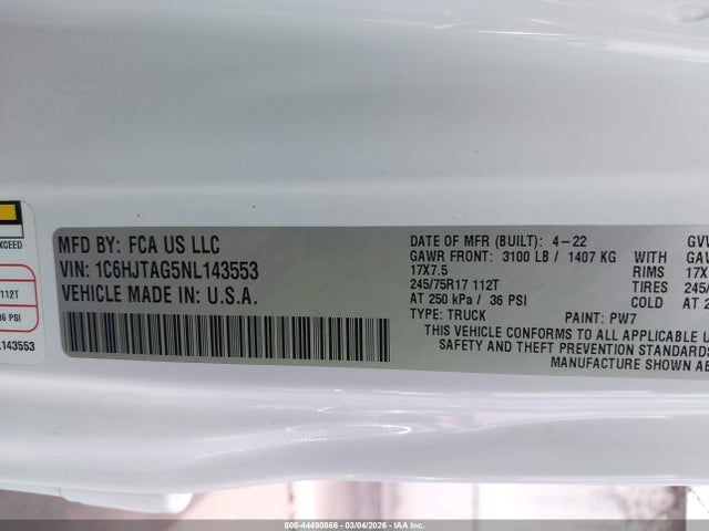 2022 Jeep Gladiator Altitude 4x4 მანქანა იყიდება აუქციონზე, vin: 1C6HJTAG5NL143553, აუქციონის ნომერი: 44490866