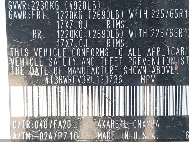 4T3RWRFV3RU131736 Toyota Rav4 Hybrid Xle