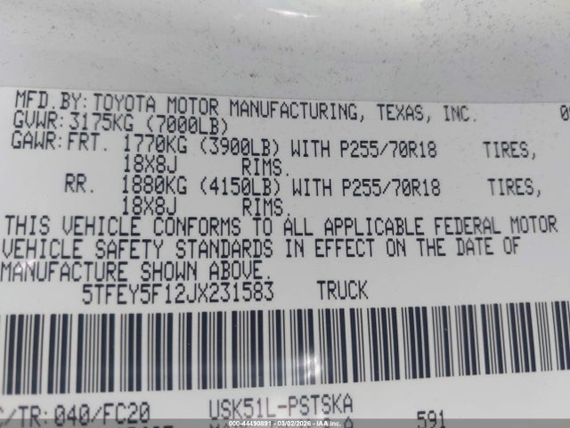 5TFEY5F12JX231583 Toyota Tundra Sr5 5.7l V8