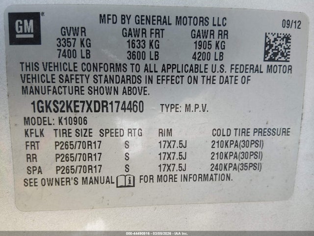 2013 Gmc Yukon Xl 1500 Slt მანქანა იყიდება აუქციონზე, vin: 1GKS2KE7XDR174460, აუქციონის ნომერი: 44490916
