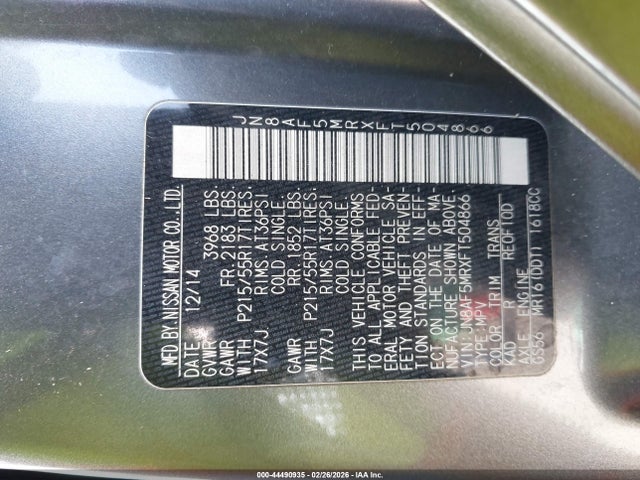 44490935 :رقم المزاد ، JN8AF5MRXFT504866 vin ، 2015 Nissan Juke Sv مزاد بيع