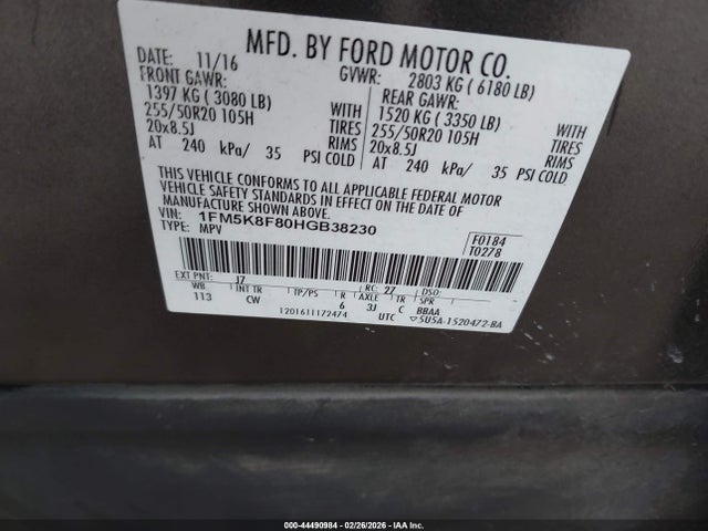 1FM5K8F80HGB38230 Ford Explorer Limited