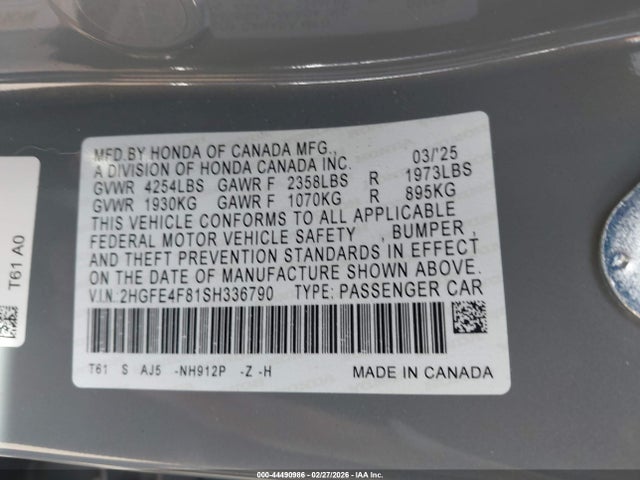 Auction sale of the 2025 Honda Civic Hybrid Sport/sport Touring, vin: 2HGFE4F81SH336790, lot number: 44490986
