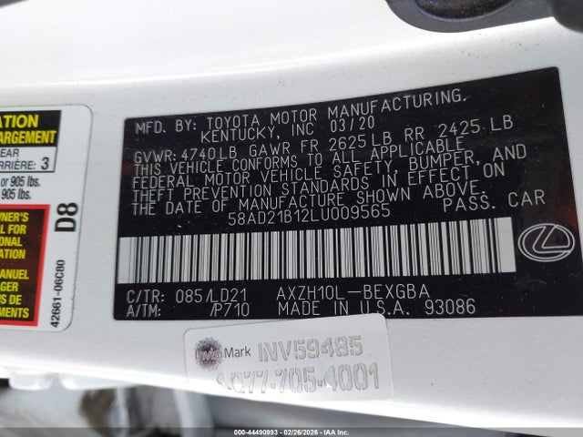 Lexus ES 300H 2020 58AD21B12LU009565 Image 9